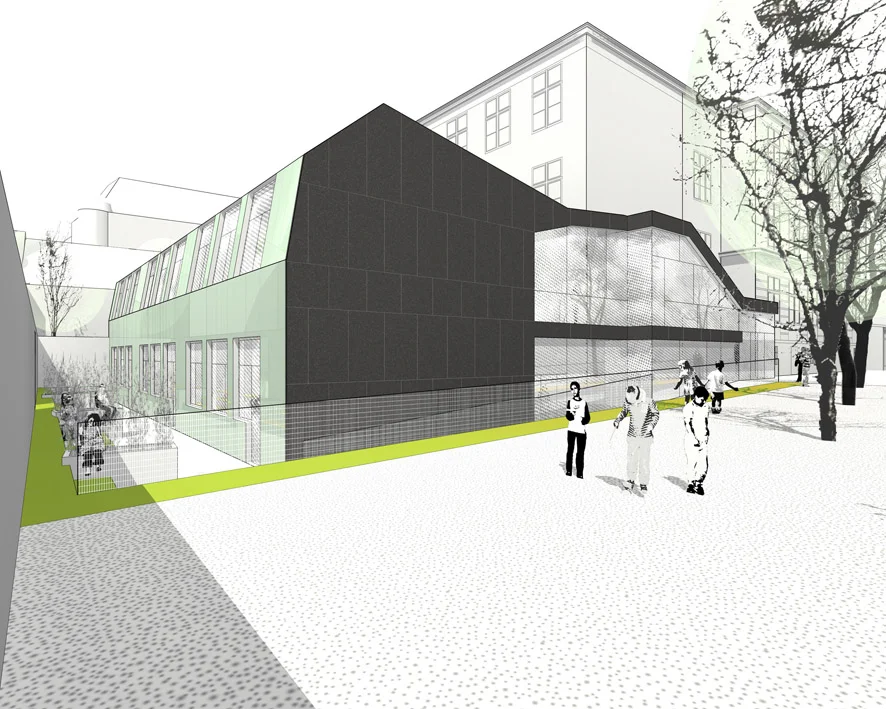  die erschliessungszone im neubau befindet sich in einem glasüberdeckten, "hallenartigen" bauteil mit einem hohen anteil an lufträumen, um die belichtung der gangbereiche, sowie der im ug liegenden turnhalle, über die bestehenden fensteröffnungen sic