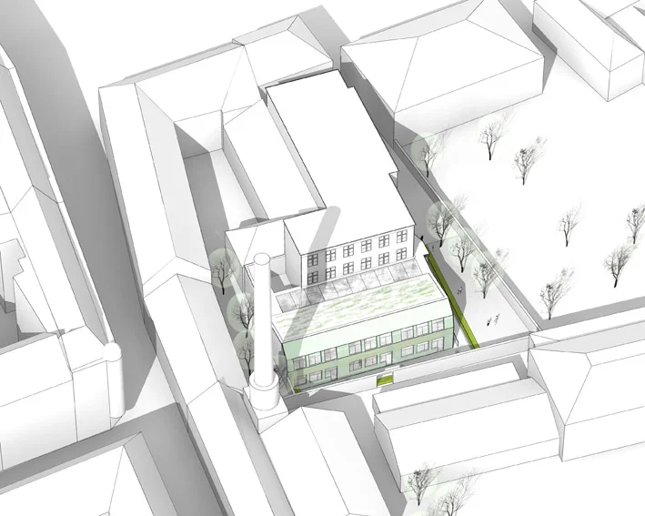 ziel der machbarkeitsstudie ist es, in einem mehrgeschossigen pavillonzubau eine maximal mögliche anzahl an neuen klassenzimmern unterzubringen und zusätzlich dazu die erforderlichen nebenräume, sowie eine zentralgarderobenlösung für die ganze schule zu erarbeiten. in einem kompakten, 2 - geschoßigen baukörper, der in seiner volumsausformung eine analogie zu den angrenzenden glashausgebäuden in schönbrunn herstellt, können je geschoß 3 klassenräume untergebracht werden. dazu ist eine geringfügige überschreitung der ostseitigen baufluchtlinie notwendig. dadurch kann im vorliegenden konzept eine gesamtklassenzahl von 13 klassenzimmern + ein raum für technisches- und einer für textiles werken untergebracht werden. 