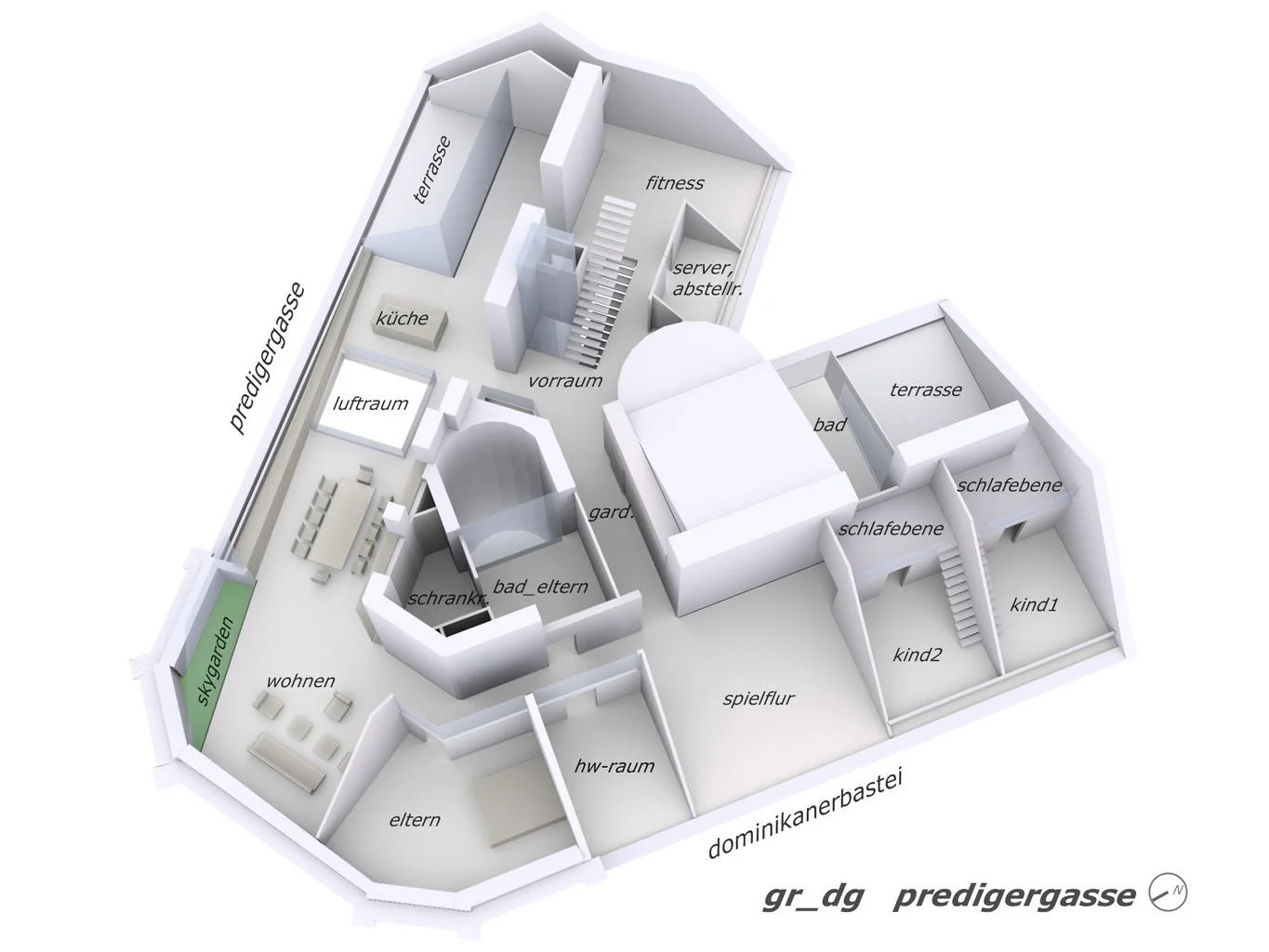 eine großzügige wohnung im gesamten dachgeschoss - mit kinder-, und elternteil - auch voneinander unabhängig funktionierend. zugang intern von 4.og aus oder über das allgemeine stiegenhaus. lufträume - im eingangs-, und wohnbereich trennen die funktionellen nutzungseinheiten, räumlich bleiben dadurch abergroßzügige abfolgen bestehen. kinderzimmer mit interner schlafgalerie, zur trennung von spiel-, oder arbeits- und schlafbereich. großzügige gaupen und dachflächenfenster sorgen für ausreichende belichtung und belüftung. aus dem elternschlafzimmer ist direkter ausblick aufs gegenüber durch fussbodennahe sichtschlitze möglich.