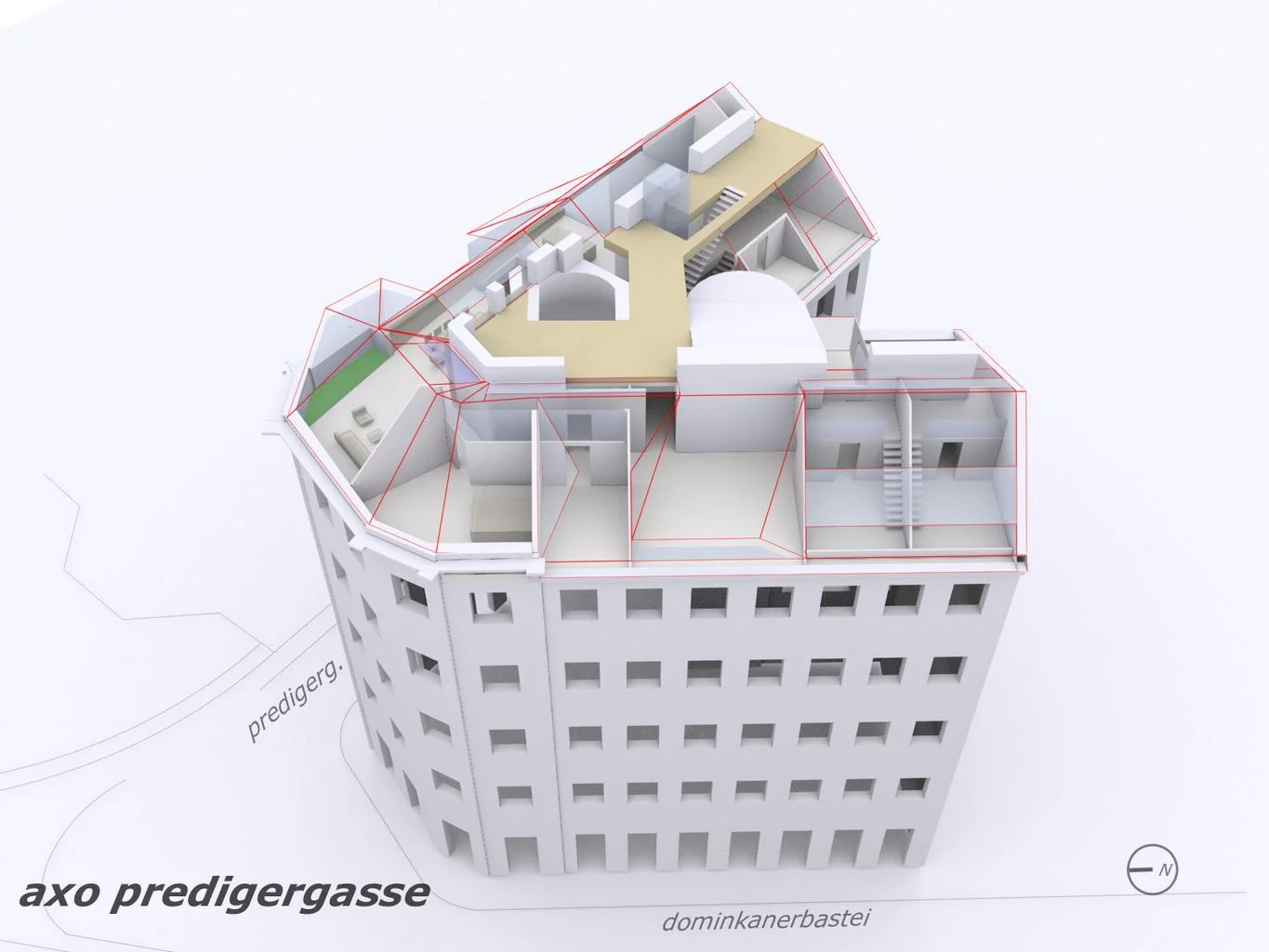 großzügige freiflächen im dachbereich betonen die städtebaulich interessante lage. von der dachterrasse ganz oben ein "rundumblick" und 2 terrassen im dachgeschoss - richtung westen bzw. südwesten. ein kleiner skygarden im dachgeschoss öffnet den blick nach süden.