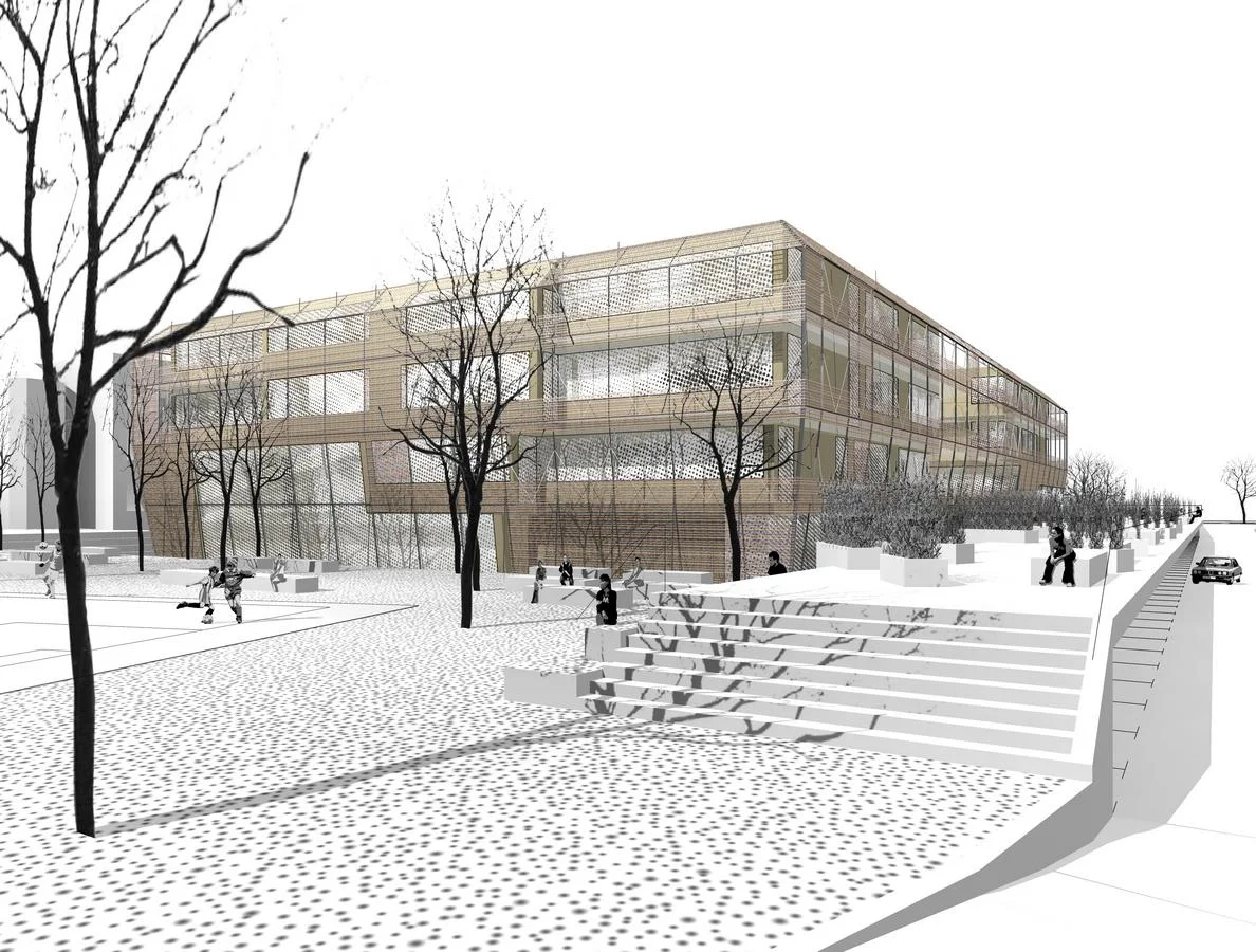  „compact-cooperativ-passiv“&nbsp;  ... dem stark gegliederten bestandsgebäude wird ein ruhiger, kompakter baukörper gegenübergestellt, der, gleichmäßig in seiner höhenentwicklung, die höhe des bestandes unterschreitet. die fußläufige erschließung de