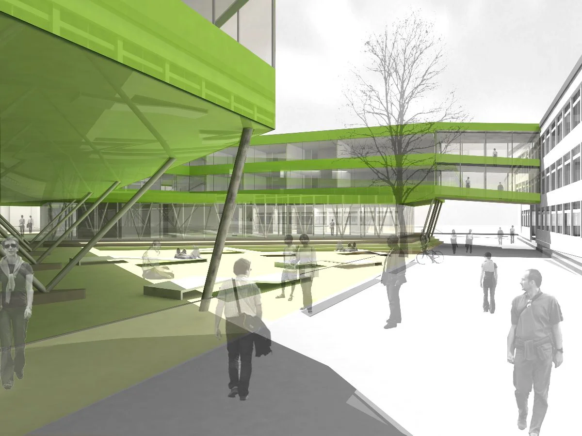  der hauptstrom der schüler, vom bahnhof kommend, wird ab dem bestehenden fußgängersteg mit einer rampe auf einen 4m breiten „catwalk“ geführt. dieser leitet, wie eine promenade – zum vorplatz und dem eingangsbereich der schulen. durch das abheben de