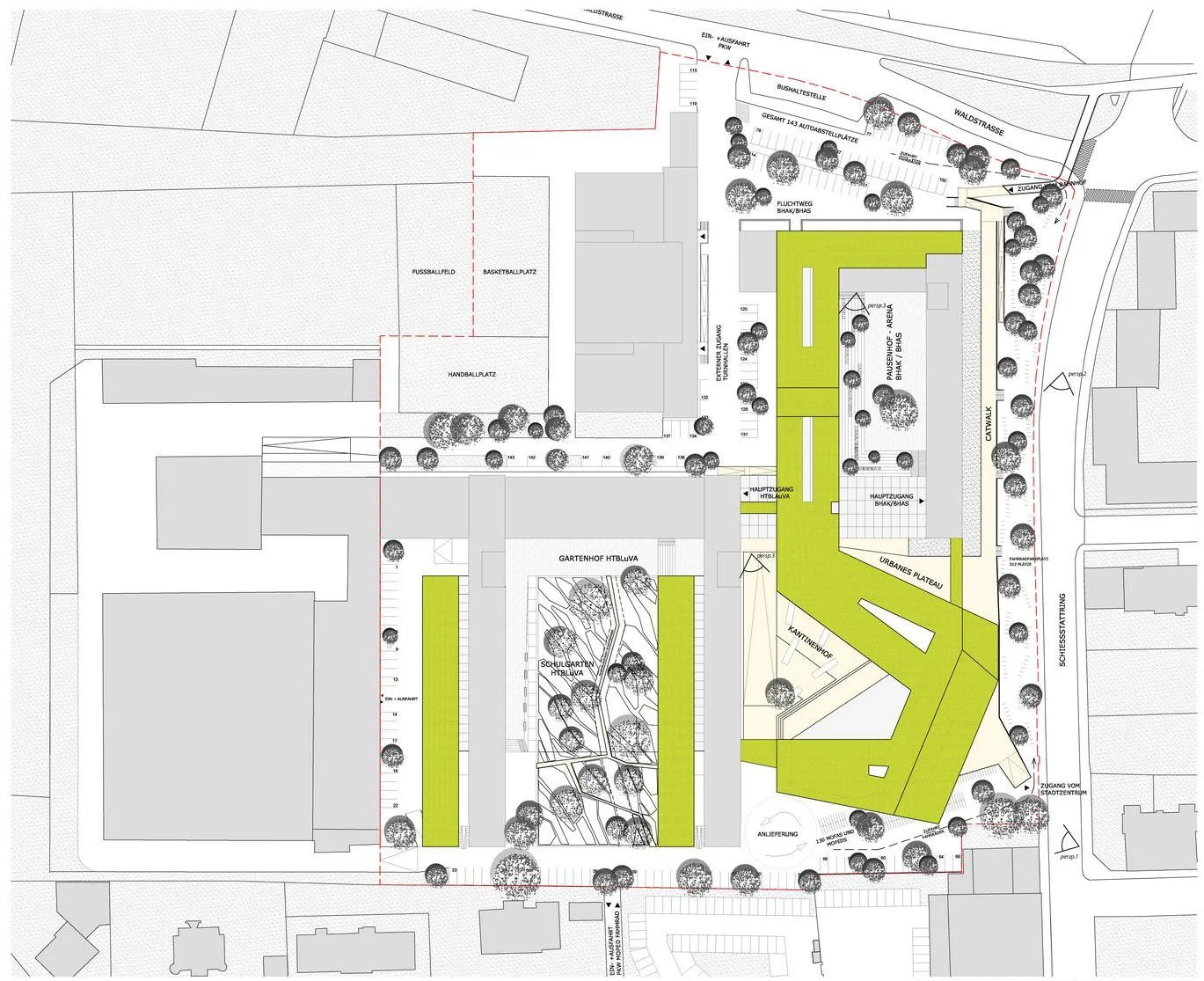 die neue turnhalle wird in den bestehenden, 2-hüftigen baukörper der hak, in das untergeschoß und erdgeschoß, implantiert. kurze wege, die lage am bestehenden verbindungsgang und die nähe zu den garderoben, sowie die möglichkeit des umsituierens von schulräumen in besser belichtete und freundlichere neubaubereiche, führte zu diesem lösungsansatz.