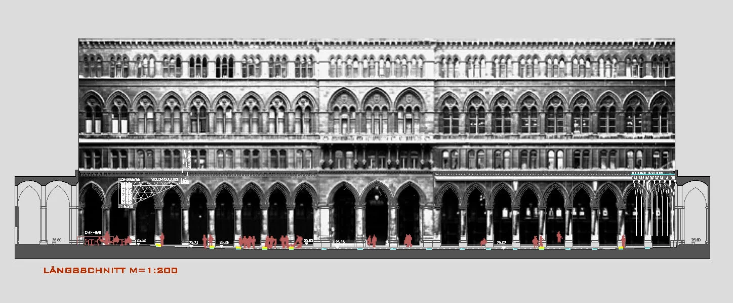 während der tagesstunden werden, durch das spiegeln des glases, die hoffassaden in den paneelfeldern reflektiert. die anordnung der 280/60cm großen paneele geht von den säulenachsen der fassade aus und zieht sich in einer versetzten struktur über de