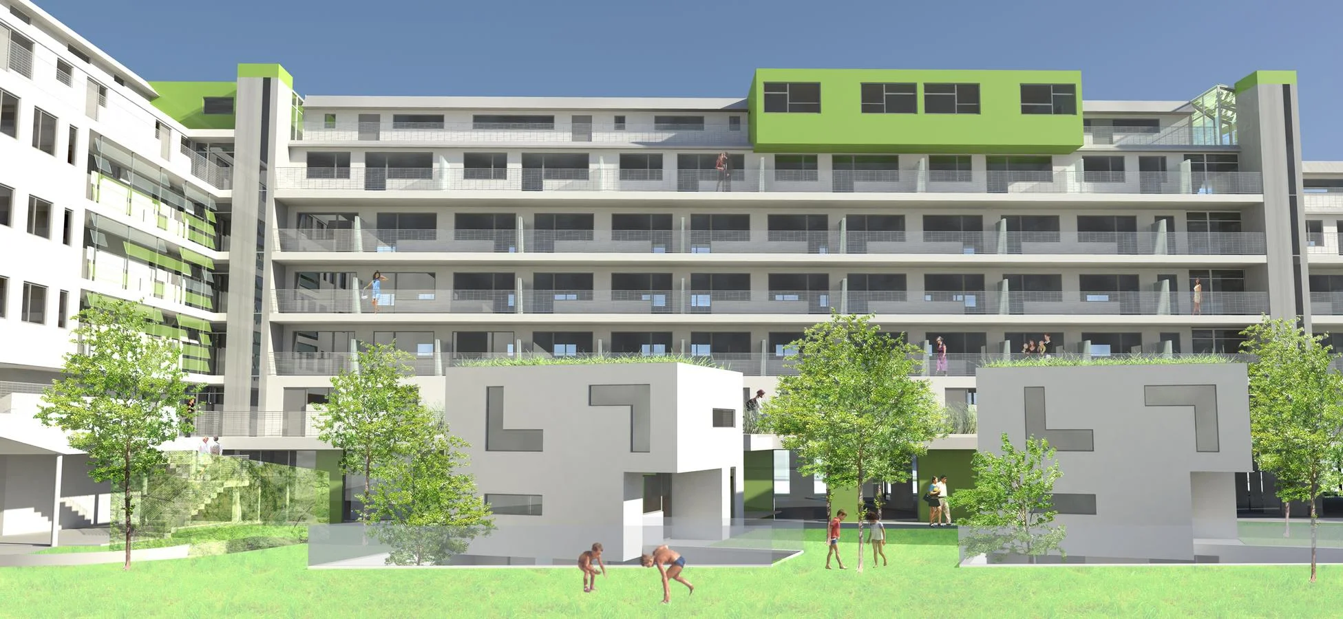 „interface – living“...leben an der schnittstelle... der bauplatz wird geprägt durch seine lage an einer urbanen schnittstelle - einerseits zwischen stadtraum und naturraum, andererseits zwischen dem stark befahrenen verkehrsband erzherzog karl-straße und dem neu entstehenden siedlungsgebiet nördlich davon. ziel ist das ausbilden einer akustischen barriere gegen das verkehrsband – unter wahrung einer möglichst hohen transparenz in der erdgeschoßzone, eine städtebauliche überleitung zur angrenzenden niedrigeren und kleinteiligeren bebauung auf den nördlichen nachbarliegenschaften, sowie die herstellung eines städtischen merkpunktes in der anonymität der erzherzog karl straße – ein, auch am abend und in der nacht, aktives und belebtes gebäude. 