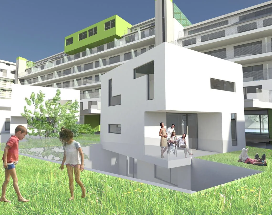  freiraumzonierung: eine folge von gartenzimmern wird städtebaulich durch die besondere gebäudekonfiguration vordefiniert. während sich im UG atriumhof-ähnliche private, den jeweils anliegenden atelierhäusern zugeordnete, intime private freiraumsitua