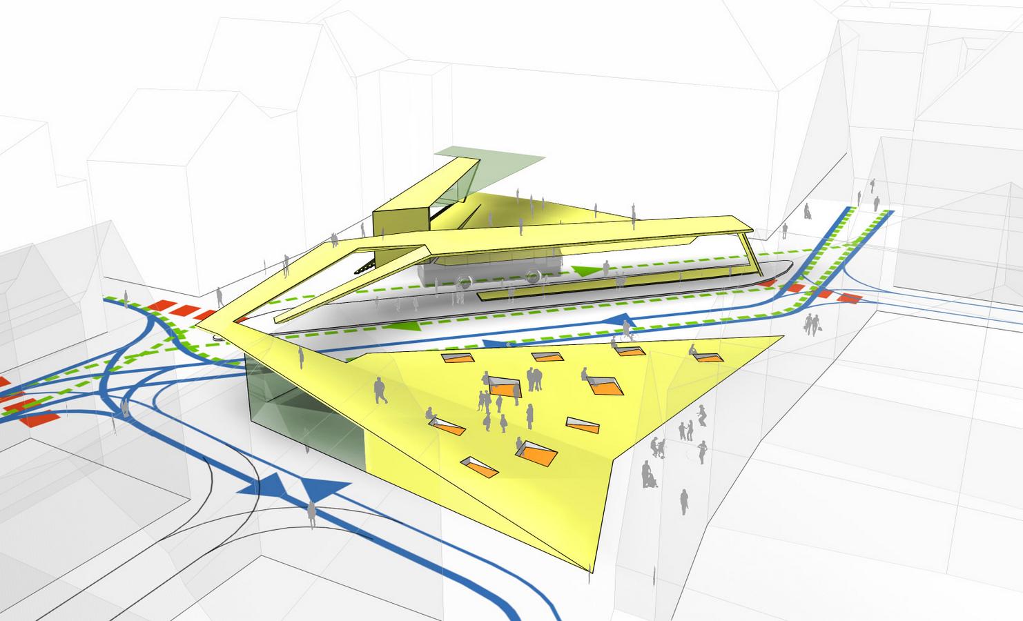 stadtverkehr – die rauschende mitte: das bereits erarbeitete verkehrskonzept wird übernommen, der wartebereich an der bushaltestelle wird als schleife = verbindendes element ausgeführt und entwickelt sich diagonal über den platz. das dach knickt, teilt sich - führt einmal als treppe auf den wartebereich und zum anderen als steg über den individualverkehr auf die andere seite des platzes. der untere teil der schleife ist als „schwebende sitzfläche“, mit möglichkeit zum einbau eines kioskes und der notwendigen infrastruktur, geplant. das dach als begehbare fläche mit überblick und weitblick in die altstadt zum haidplatz.