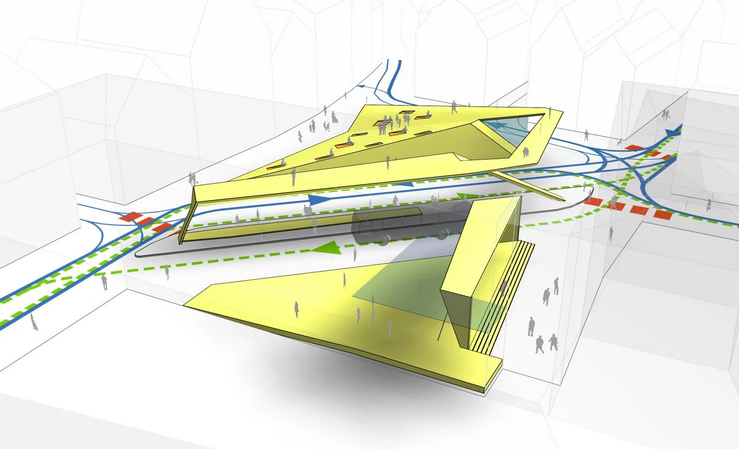   stadtrampe/stadtsofas – das spiel:  der steg führt vom wartebereich auf die nordwestseite des platzes, die sich als aufgeklappte fläche zu den historischen fassaden neigt und, ähnlich einer tribüne, die stadt mit seinen fassaden zur bühne werden lä