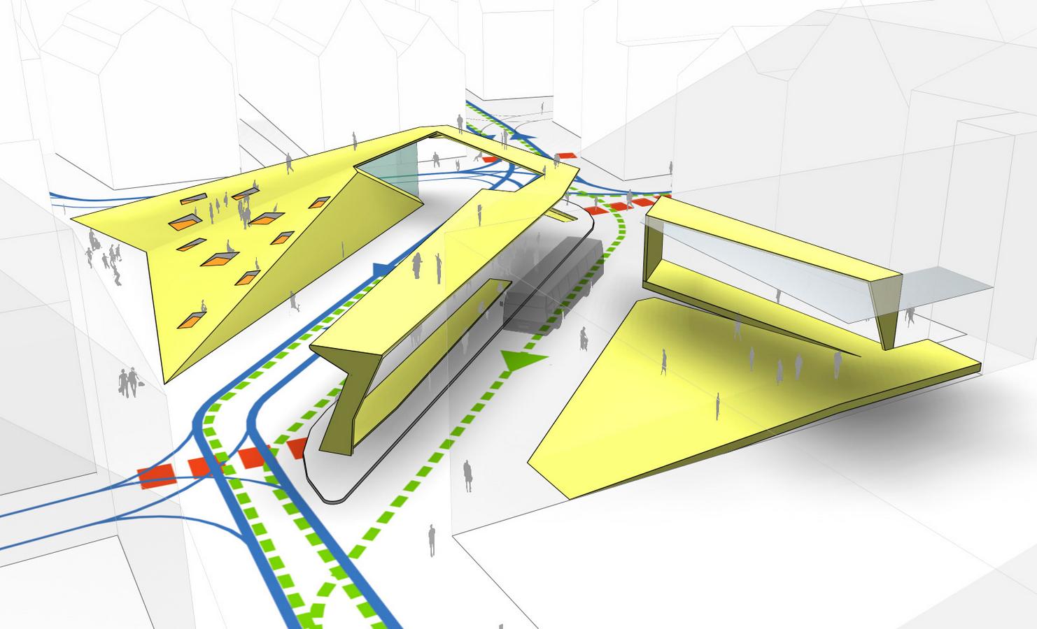stadttheater/bühnenloop – das gleiche spiel nur anders: vom buswartebereich gelangt man auf gleicher ebene, über busfahrbahn und taxispur, auf den theatervorplatz, der, geneigt, den barrierefreien zugang in das stadttheater herstellt. der bühnenloop, eine vordachkonstruktion mit boden ist eine ähnliche struktur wie der wartebereich für den öffentlichen verkehr, jedoch ohne nutzungsvorgabe – ein glasdach führt in das foyer, ist aber auch erweitertes foyer. der bühnenloop kann als bar in den vorstellungspausen bespielt werden, ort für premierenfeiern sein oder als kommunikationsanreger mit „schwebendem boden und sitzstufen“, dem ausklang eines theaterabends dienen. als laufsteg zum sehen und gesehen werden bietet der bühnenloop alle möglichkeiten. seine konstruktive scheibe – zur bushaltestelle gerichtet, ist als led-fläche ausgebildet, werbefläche für das theater und/oder die stadt. 