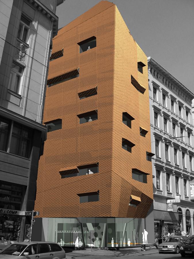 " one nose " an prominenter stelle im ersten bezirk - die voraussetzungen - eine kleine grundfläche, eine schwierige belichtungssituation, sowie die anforderungen - flexibilität und veränderbarkeit in grundriss, fassade und nutzung, fordern einfache, kompakte grundrisse, ein klares erschliessungssystem, sowie eine einheitliche fassadengestaltung. um die erlaubte gebäudehöhe auszunutzen und entsprechend viel nutzfläche zu erhalten, wurde das erdgeschoss einen meter tiefergelegt, wodurch eine größere raumhöhe, eine klare zonierung des grundrisses in den auf aussenniveau liegenden foyer-, und erschliessungsbereich, sowie den tiefergelegten cafe bzw. barbereich entstehen kann. dadurch und durch die möglichkeit die gebäudehöhe zu überschreiten, sowie durch die einführung von" gaupen " werden 8 volle obergeschosse, sowie ein dachgeschoss mit darüberliegender dachterrasse oder wintergarten ermöglicht.
