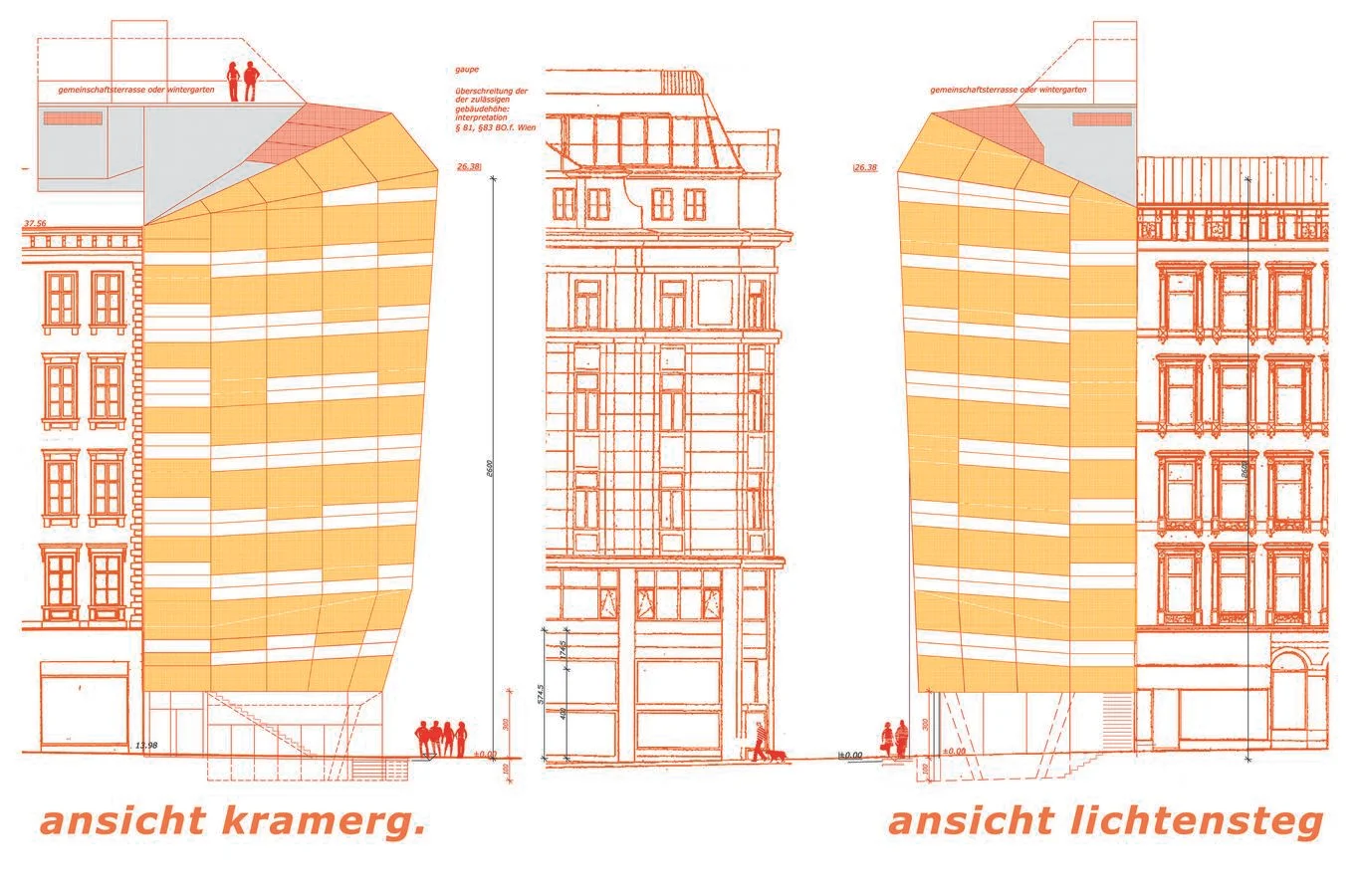  ... fassadenhaut ...   streckmetall aus bronze , einheitlich über die gesamte fläche gelegt, einschliesslich der gaupen, mit öffenbaren, vertikal verschiebbaren elementen vor den fensterbändern, als sonnen- und sichtschutz lassen ein lebendiges, ein