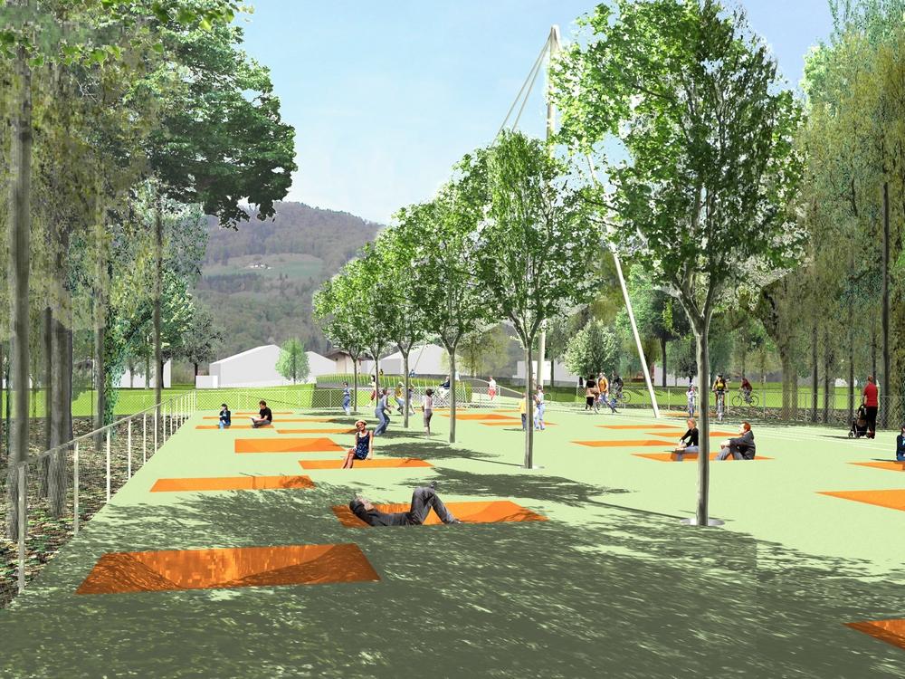 die auterrasse als aufgeständerte konstruktion, im anschluß an das westliche ende des steges als naturnahes und doch urbanes plateau ist kommunikations- und orientierungspunkt in der josefiau. als flächiger kontrapunkt zu den linearen, vorwiegend der bewegung dienenden treppelwegen, lädt sie zum verweilen ein und ist ein rastplatz für radfahrer, ein wohn- oder klassenzimmer in der natur . sie ermöglicht die nahezu ebene verbindung zwischen steg und billrothstraße und zu den dort situierten (öffentlichen) gebäuden. ihre lage über dem 100 jährigen hochwasser sichert eine wetterunabhängige benutzung. in die auterrasse eingelassene sitzmulden in unterschiedlichen größen, verleiten zur ausgedehnten mittagspause, zum flirt oder auch nur zum „abhängen“.