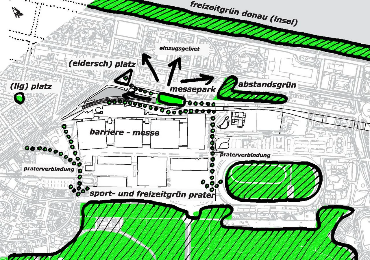 "…the kids just hang around…" messepark an das gebäude anschließend leitet ein sport- und spielpark zur lockeren struktur im östlichen abschnitt der vorgartenstraße über. die gebäudenahen bereiche dienen als aussenraum für gastronomie, zur u-bahnstation trabrennbahn hin entwickeln sich vielseitig nutzbare, offene räume. zwischen den linearen strukturen werden bewegungsspielarten wie ballspiel und skaten ebenso möglich, wie aufenthalt und konversation. belagsbänder gliedern die fläche in strömungsrichtung. In einem immer wiederkehrenden rhythmus wölbt sich das band zur sitzhöhe auf, definiert bereiche des verweilens. eingespannt zwischen den erhöhten bändern befinden sich angerampte rasenbetten als grüne sitzbereiche. der park ist als zielgruppenpark für die hier wohnenden kinder und jugendlichen konzipiert. er ist schnell erreichbar und wird täglich bzw. tagesverteilt intensiv genutzt. 