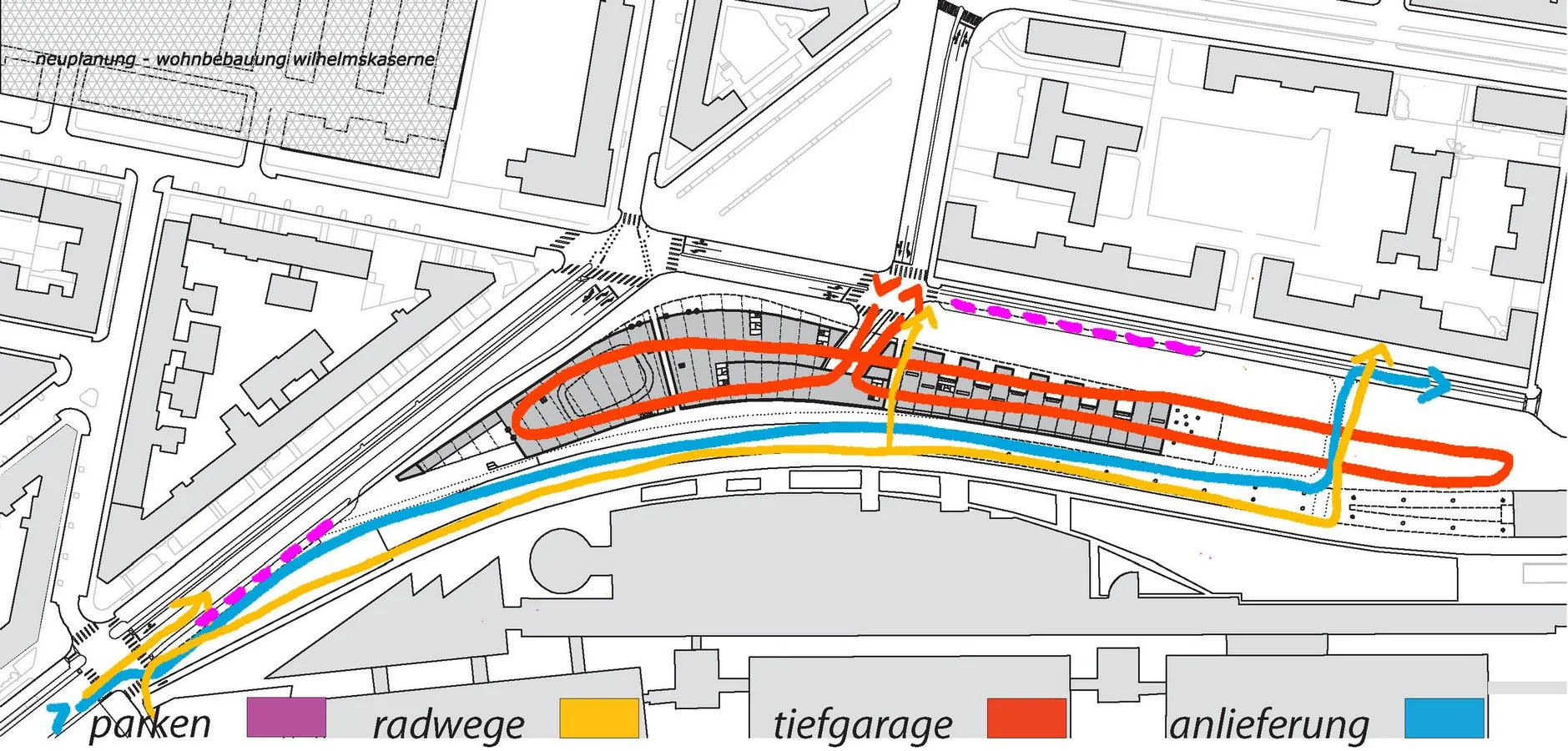   verkehr und erschliessung   radfahrverkehr  zusätzlich zu den existierenden radwegen soll die bestehende erschließungsstraße nördlich der messe für radfahrer geöffnet werden. querungsrelationen sind vorgesehen. für den ruhenden radverkehr sind im b