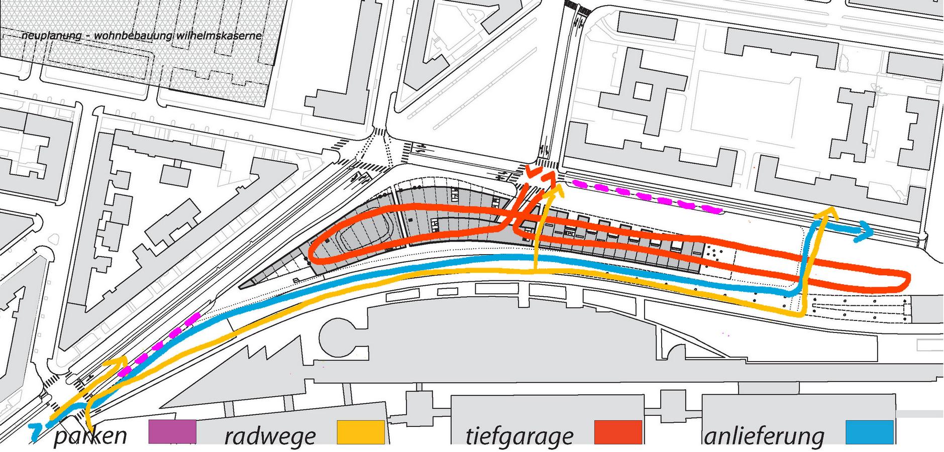 verkehr und erschliessung radfahrverkehr zusätzlich zu den existierenden radwegen soll die bestehende erschließungsstraße nördlich der messe für radfahrer geöffnet werden. querungsrelationen sind vorgesehen. für den ruhenden radverkehr sind im bauteil 2 sowie unter der u-bahn-trasse radboxen untergebacht. kfz-verkehr die bestehende revisionsstraße wird als anlieferungsstraße genutzt. im kellergeschoß ist eine tiefgarage untergebracht. ein taxistandplatz an der nebenfahrbahn der ausstellungsstraße und stellplätze zum kurzparken in der vorgartenstraße ergänzen das angebot. 
