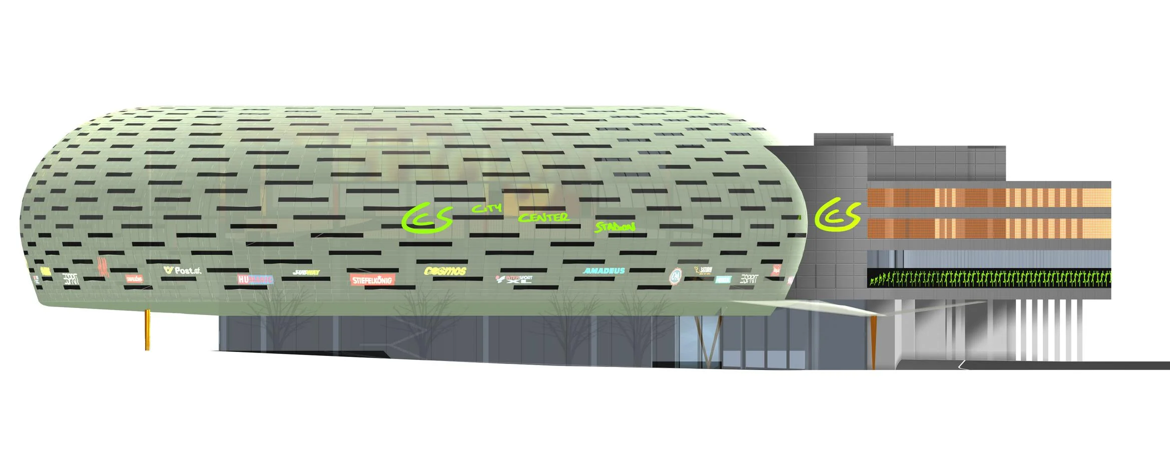   fassade  die starke formal-architektonische geste des ellipsoids (auf gut wienerisch " wuchtl ") muss in der materialwahl für die fassadenhaut eine entsprechung finden. aufgrund seiner abmessungen ist der einsatz eines  tranzluzenten , leicht wirke