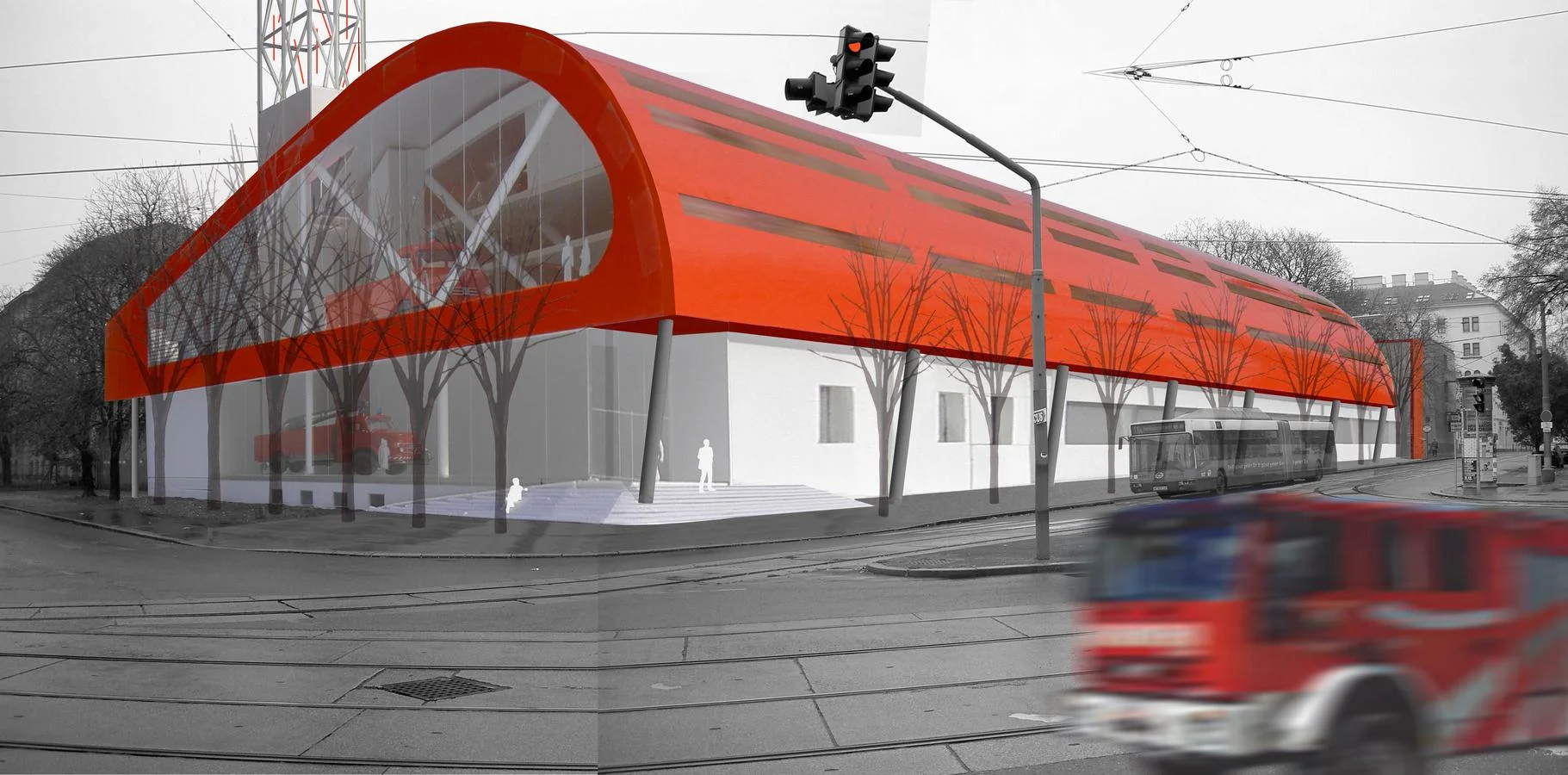  urbaner  flächenbrand   am ende der ausstellungsstrasse münden kafkastrasse und vorgartenstrasse in diese und nehmen den elderschplatz vorweg. eine breite öffnung in der dichten, nordseitigen häuserfront gegenüber dem ausstellungsgelände ist markier