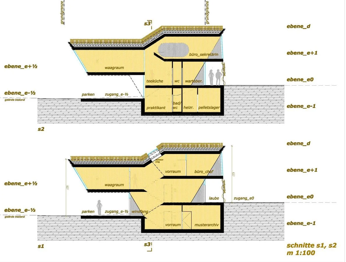  deckenplatten werden zwischen 2 tragende wandscheiben an den gebäudelängsseiten gespannt. das haus mit seinen auskragungen an den beiden stirnseiten funktioniert wie eine waage. 
