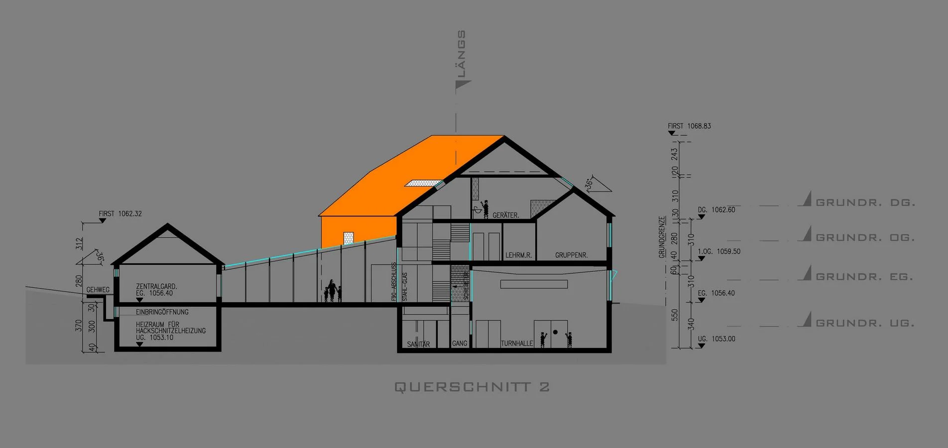  Die Klassenzimmer zeichnen mit ihrer Raumumgrenzung die Dachform in einem kleineren Maßstab nach und sollen für die Kinder als " Haus im Haus "&nbsp;empfunden werden. In einem großzügigen Pausenraum vor den Klassen, können die Kinder auch bei Schlec