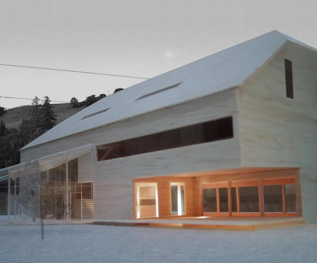  Durch die vollständige Beplankung der Häuser mit einem Material entstehen  auf die Gebäudeform reduzierte Baukörper , die die traditionelle Haus- bzw. Dachform nachzeichnen, in ihrer skulpturalen Ausformung jedoch eine  zeitgemäße Interpretation &nb