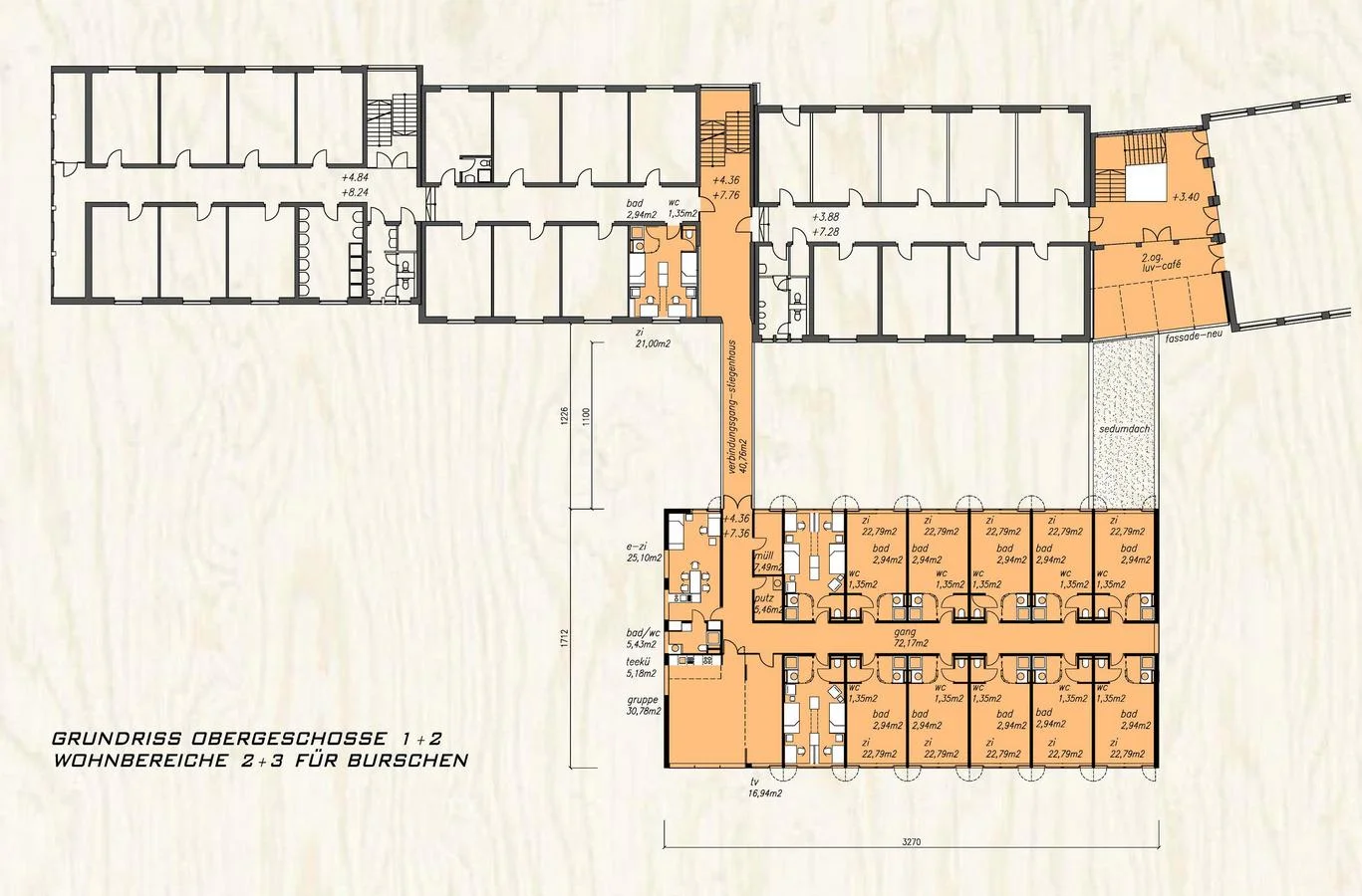  ... alle zimmer der neuen trakte haben identische grundrisse mit verschiebbaren kastenelementen., durch die verschiedene raumbedürfnisse befriedigt werden können. die zimmermöblierung aus birkensperrholz und böden aus industrieparkett führen das mat