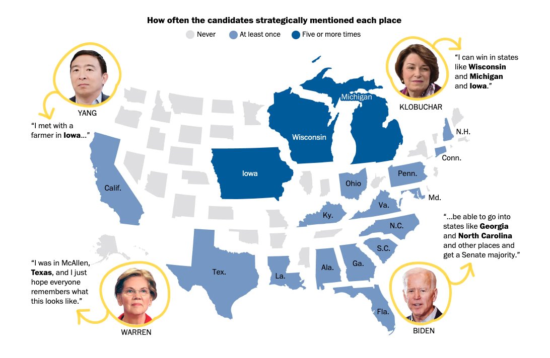 How the Democratic candidates name-drop places to appeal to voters