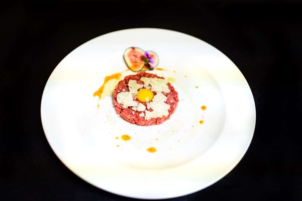  veal tartare with quail egg yolk, pecorino cheese with lemon mustard cheese, Trattoria Moma, modern Italian cuisine, philadelphia 