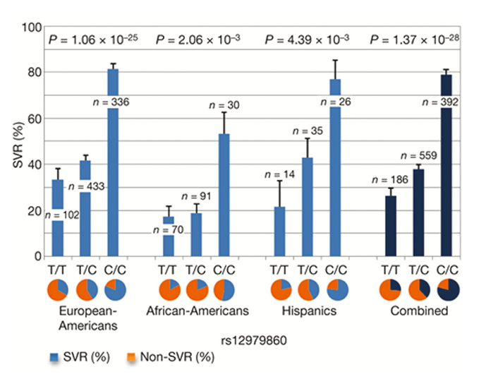Figure 1. Genetic variation in IL28B predicts HCV treatment-induced viral clearance. Data are presented for each group as percentages + standard error of the mean. Reprinted from Nature 2009, 461:399-401, copyright 2009 with permission from MacMilla…