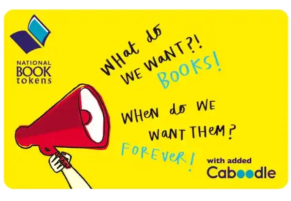 Yellow 'National Book Tokens' gift card with illustrated text and megaphone..