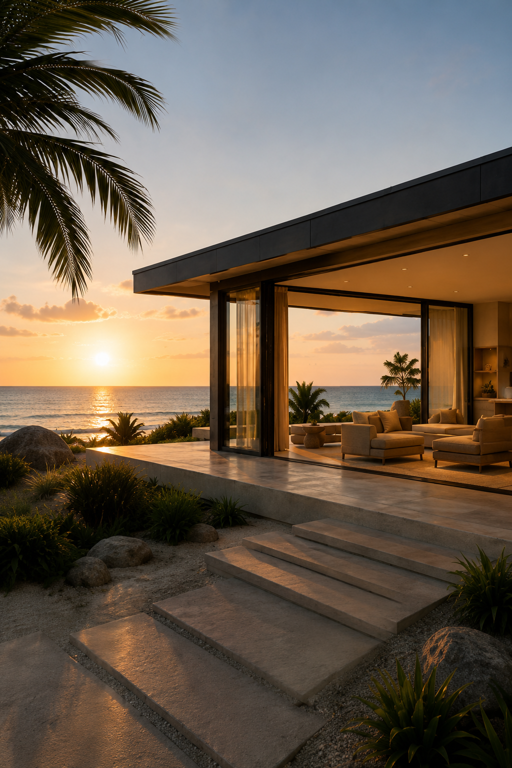 A modern beachfront house with open sliding glass doors, overlooking the ocean during sunset, with outdoor seating and tropical plants.