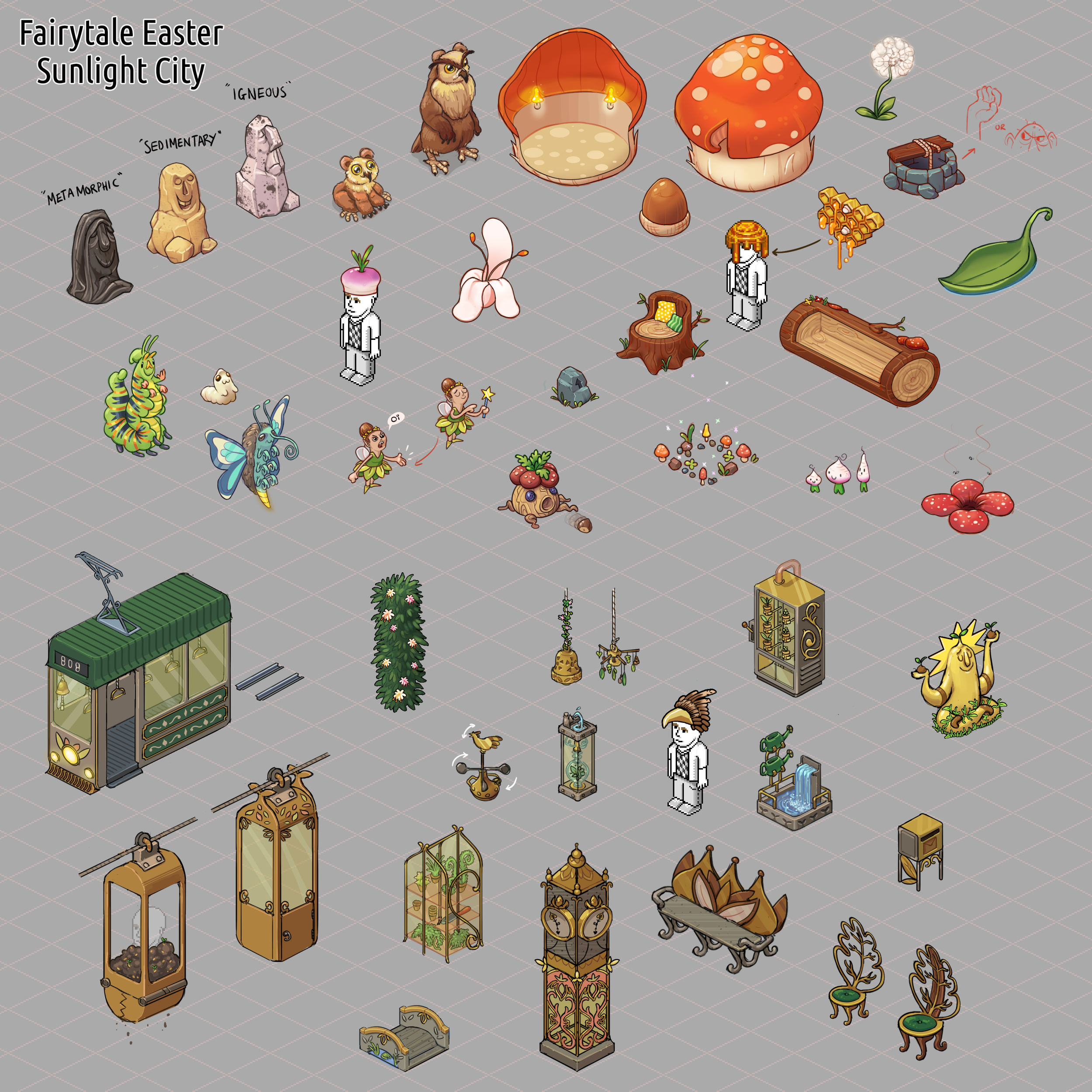 A selection of concept sketches for the “Fairytale Easter” and “Sunlight City” campaign lines in Habbo. “Fairytale Easter” involved designing over-sized flora and a lot of creatures, including the owl-bear at the top of the image. “Sunlight City”s main inspiration was from Solar Punk, the idea of a more harmonious relationship between nature and civilisation. Lots of brass coloured metals paired with glass and greens.
