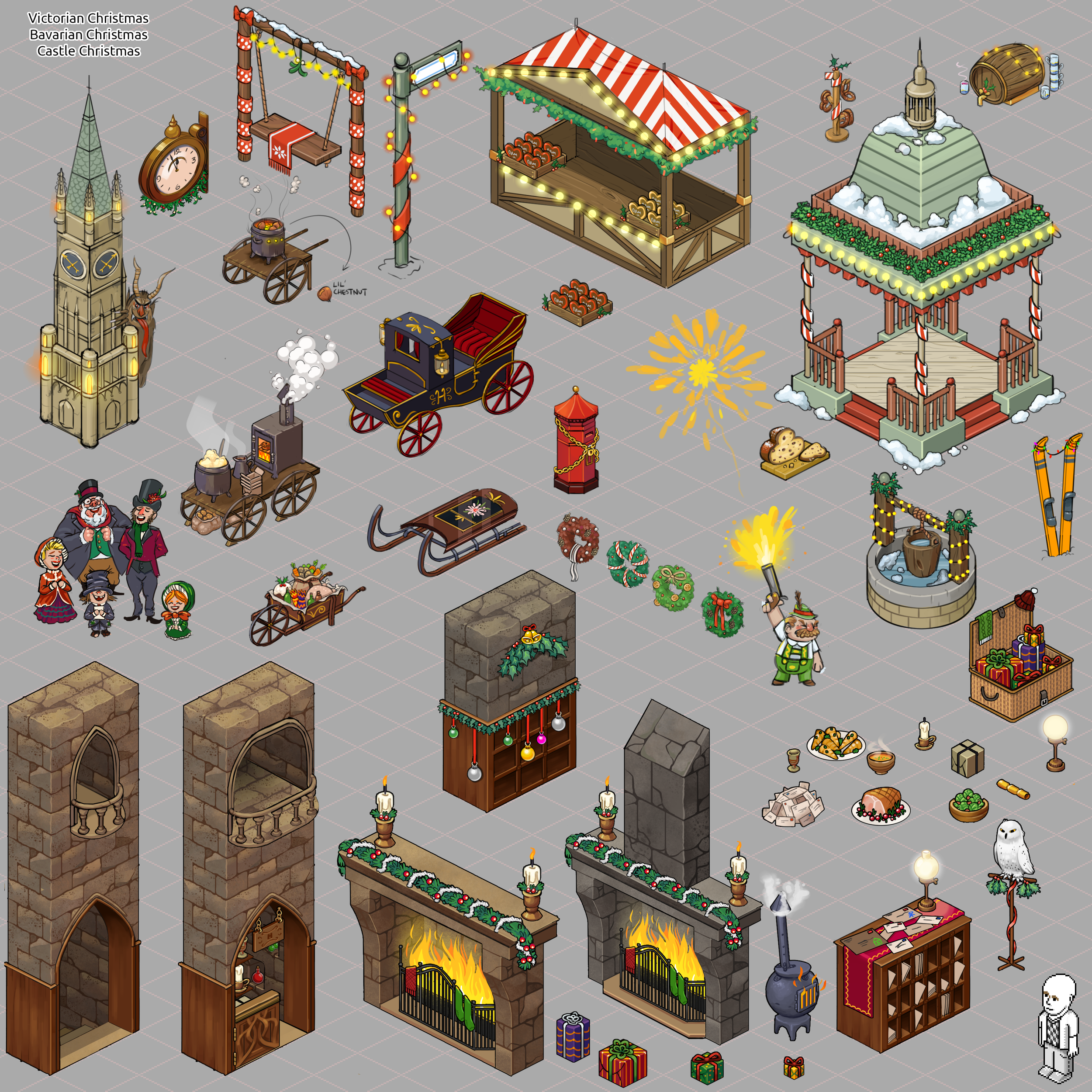 A selection of concept sketches for "Victorian Christmas", "Bavarian Christmas and "Christmas Citadel" campaign lines in Habbo.