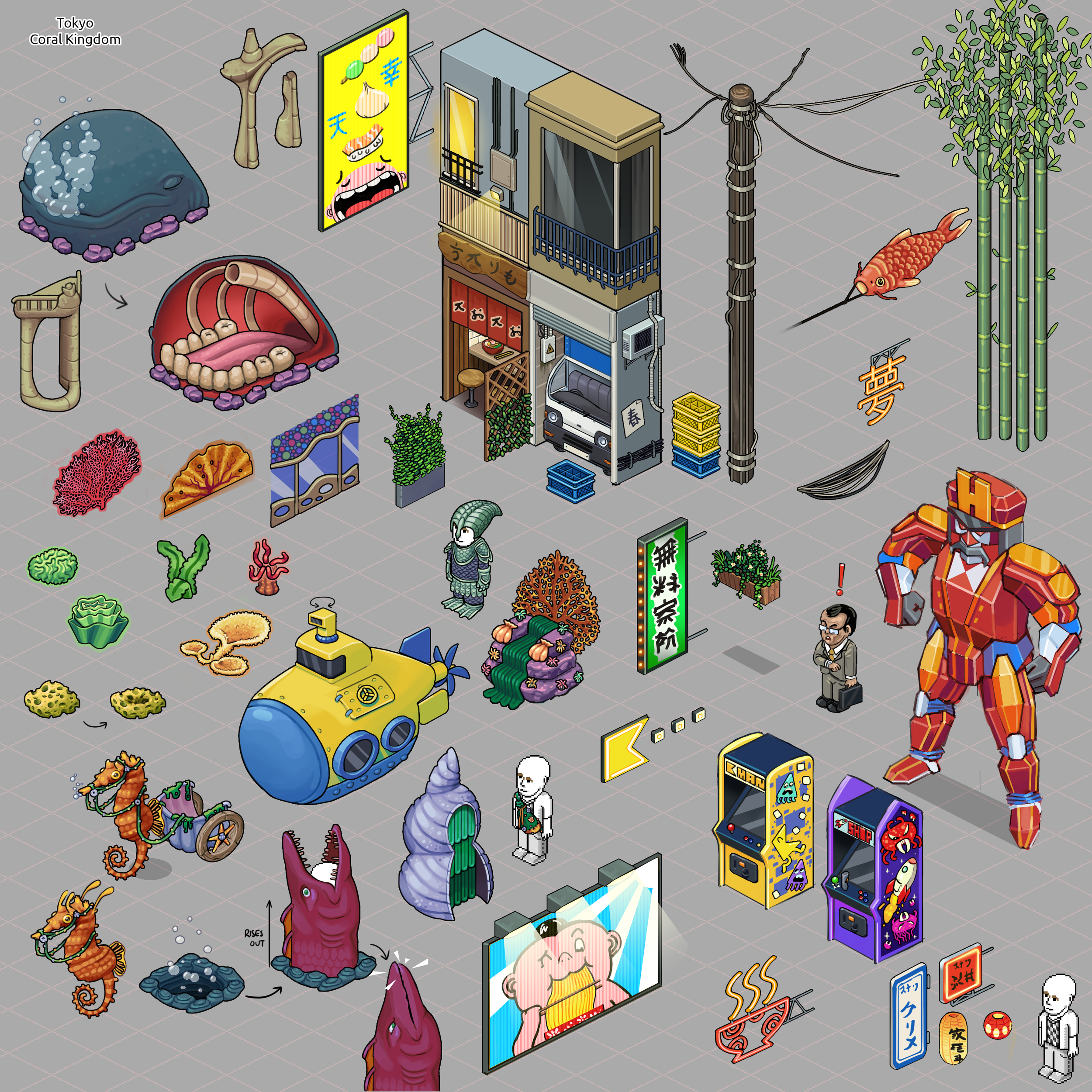 A selection of concept sketches for Summer themed lines in Habbo. Includes Furni and Clothing from "Tokyo" and "Coral Kingdom" campaigns.
