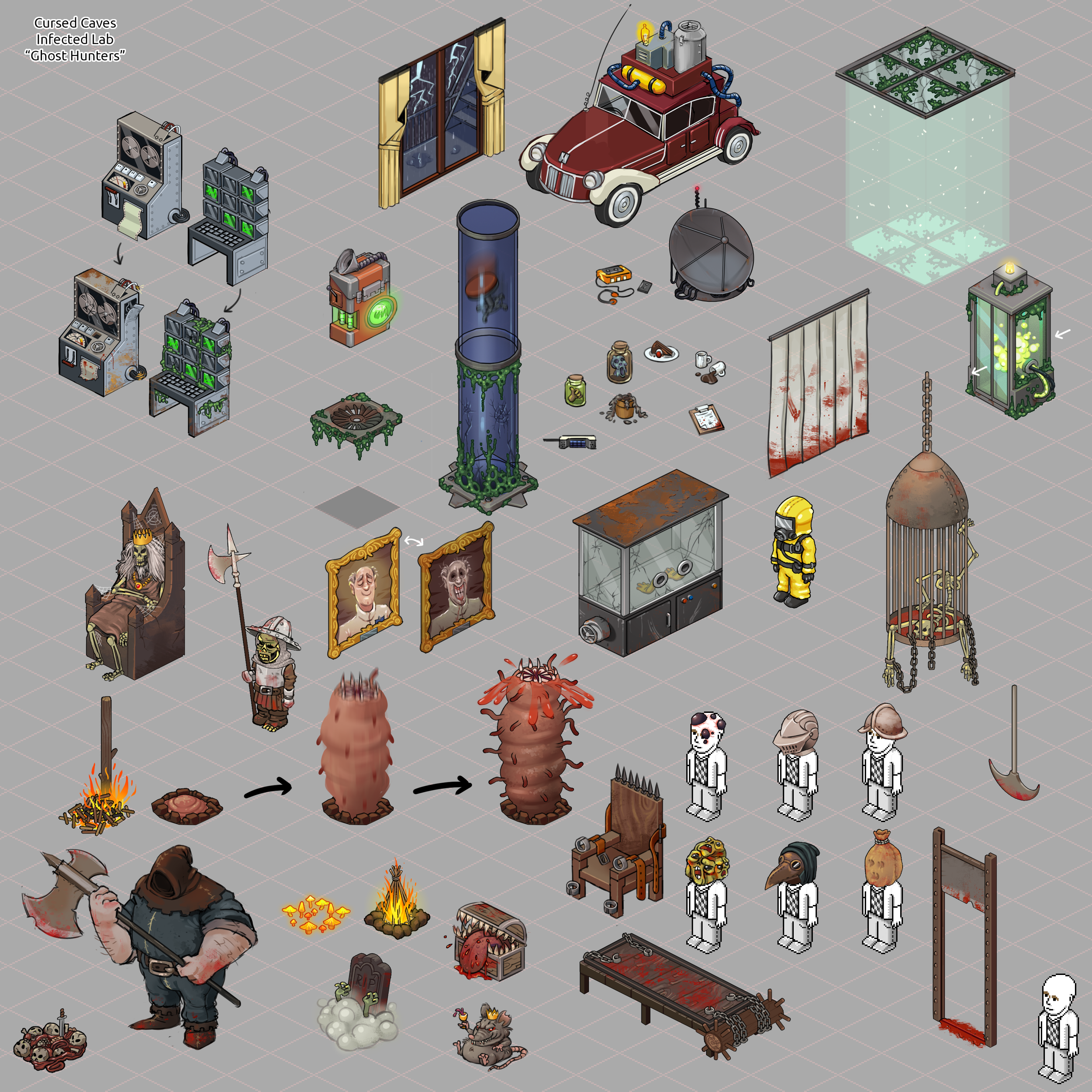 A selection of concept sketches for Halloween themed lines in Habbo. Includes Furni and Clothing from "Cursed Caves", "Infected Laboratory" and "Ghost Hunters" campaigns.