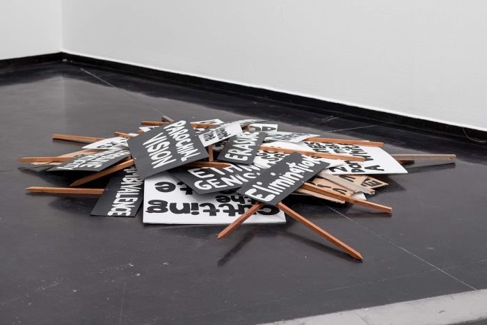 Megan Cope, Resistance (2016) Installation view, Sovereignty, ACCA, Enamel on cardboard, core flute and timber. Courtesy of the artist and THIS IS NO FANTASY + dianne tanzer gallery, Melbourne