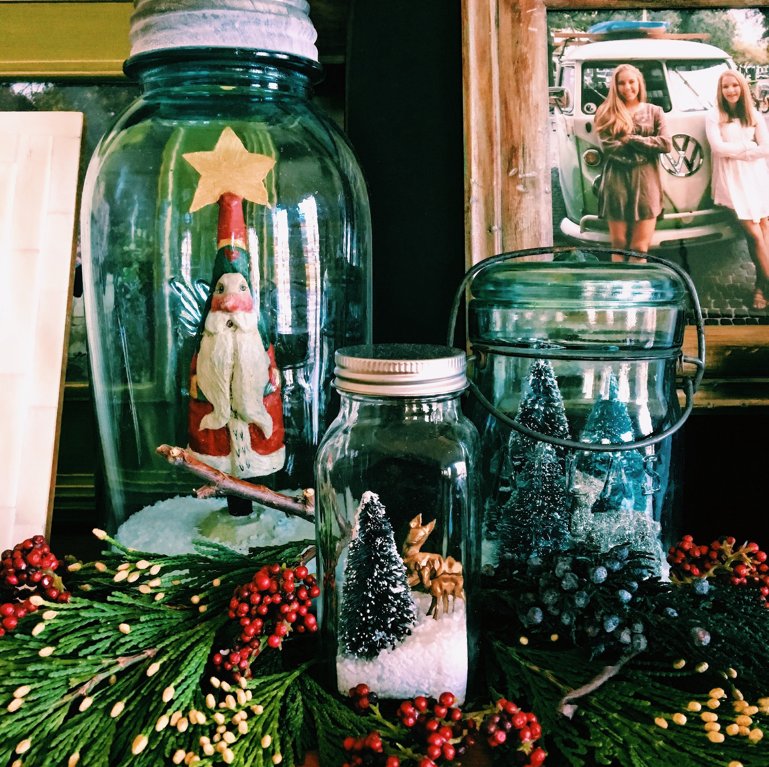Vintage ball jars are the perfect containers for my little vignettes, I absolutely love the aqua glass! Thankfully my mom loves to shop estate sales and always scoops up good finds for me like these tiny gold deer and the vintage ball jars at a fraction of the cost that you would find them in the stores.