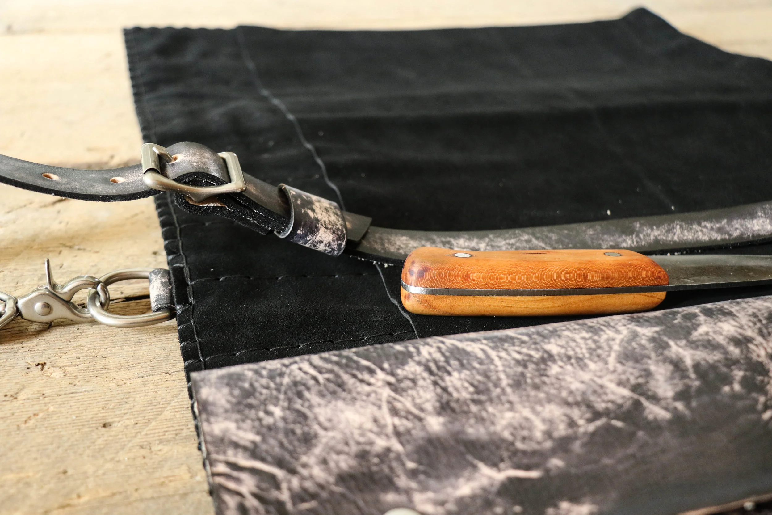 The interior of the chef roll is made with a sturdy chap suede. 