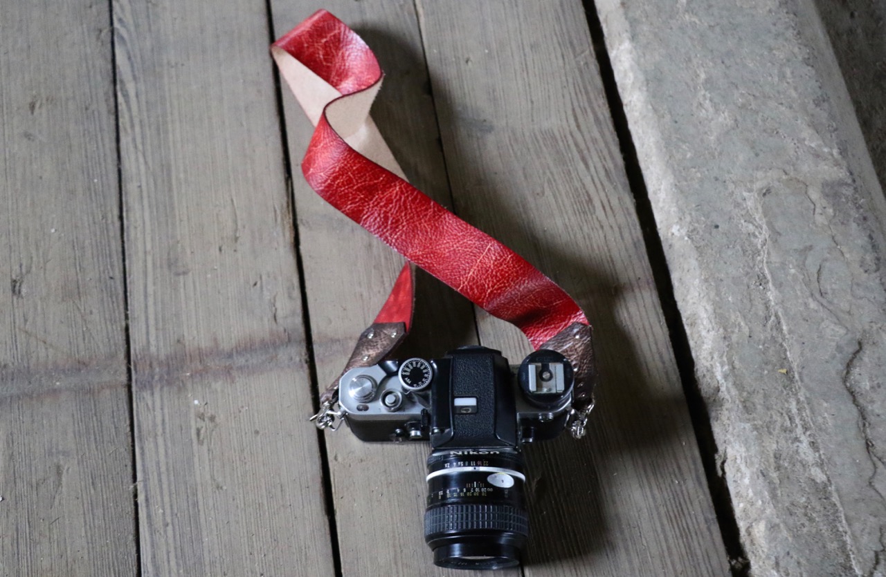 natural red leather camera strap