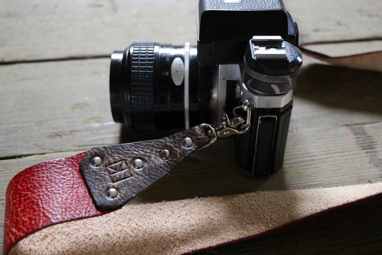 natural red leather camera strap