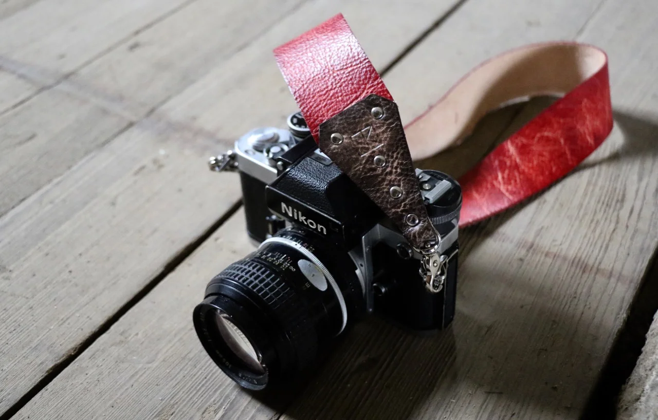 natural red leather camera strap