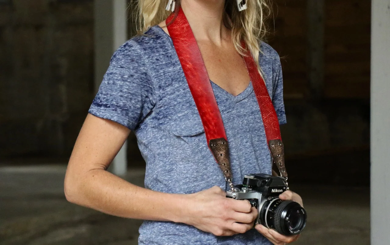 natural red leather camera strap