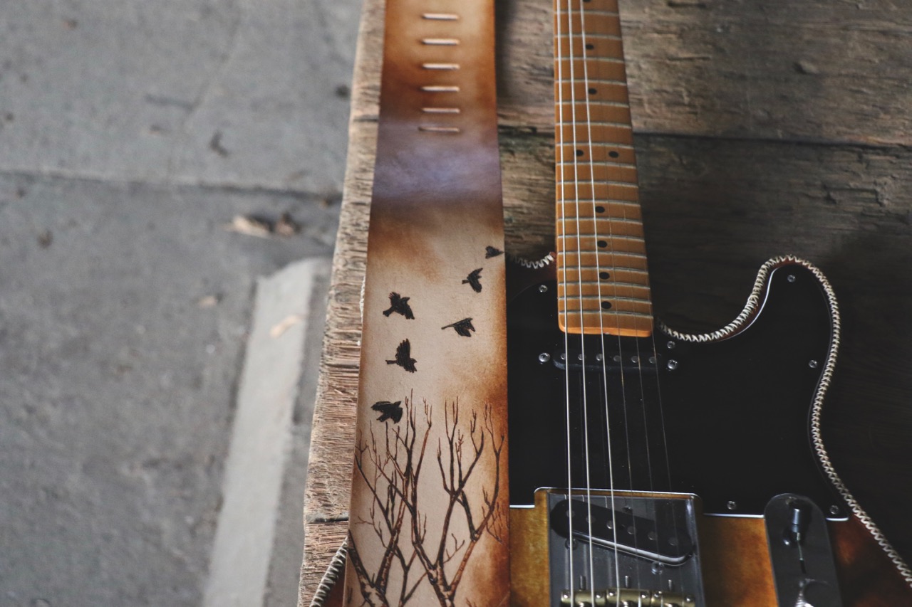 tree and birds guitar strap by Linny Kenney