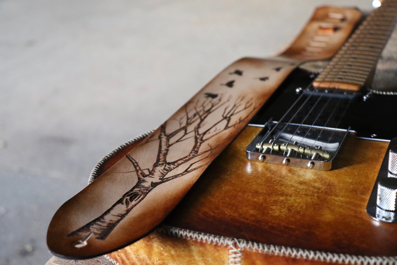 tree and birds guitar strap by Linny Kenney