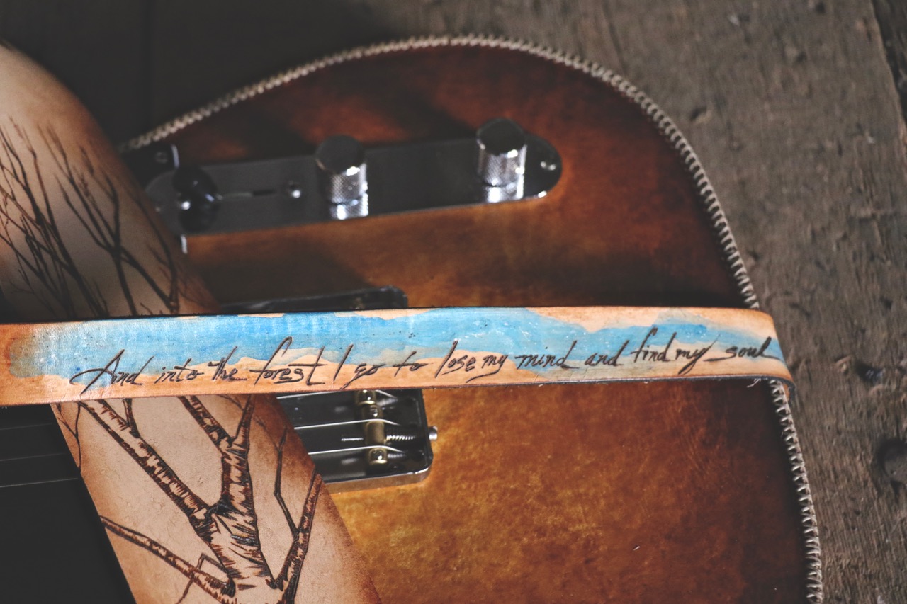 tree and birds guitar strap by Linny Kenney