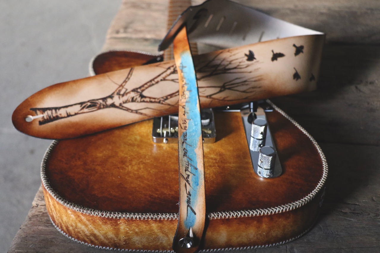 tree and birds guitar strap by Linny Kenney