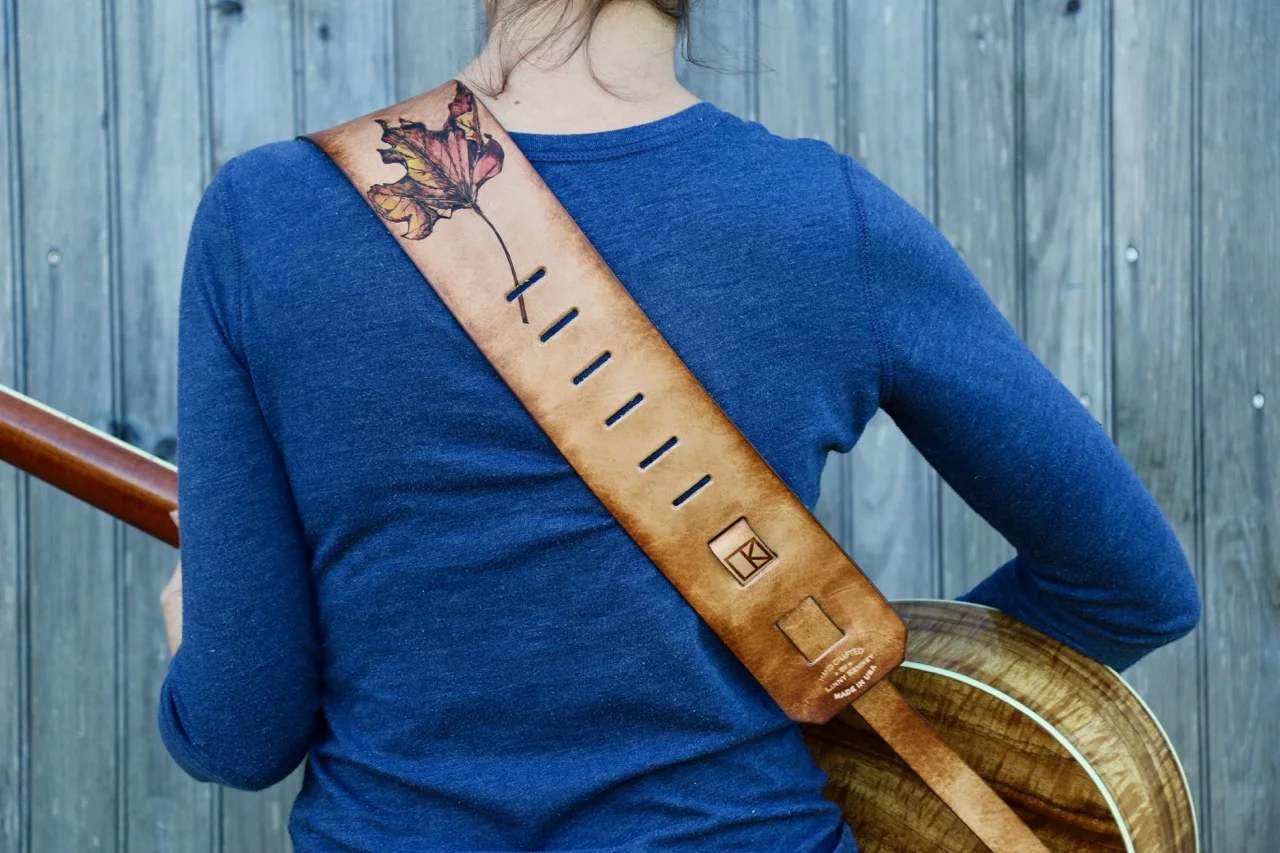 Tree and Mt Ascutney custom leather guitar strap 3.jpg