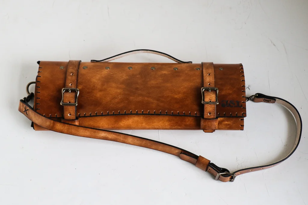 custom leather knife roll with initials
