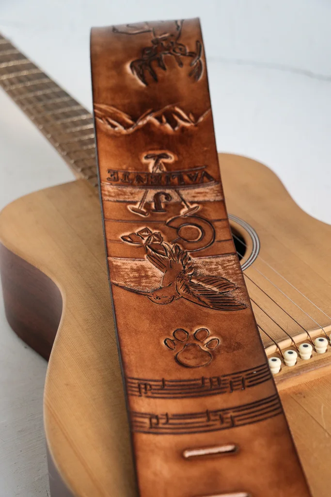 tooled leather custom guitar strap by Linny Kenney