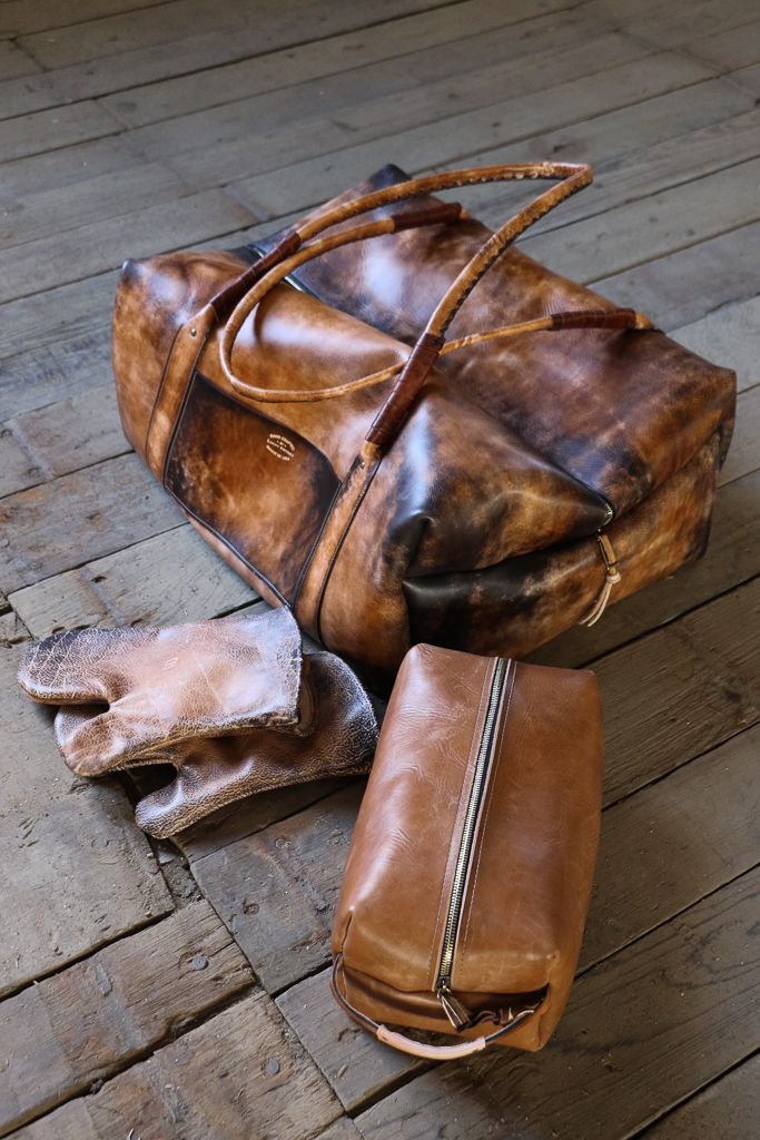 Leather weekender bag and leather dopp bag