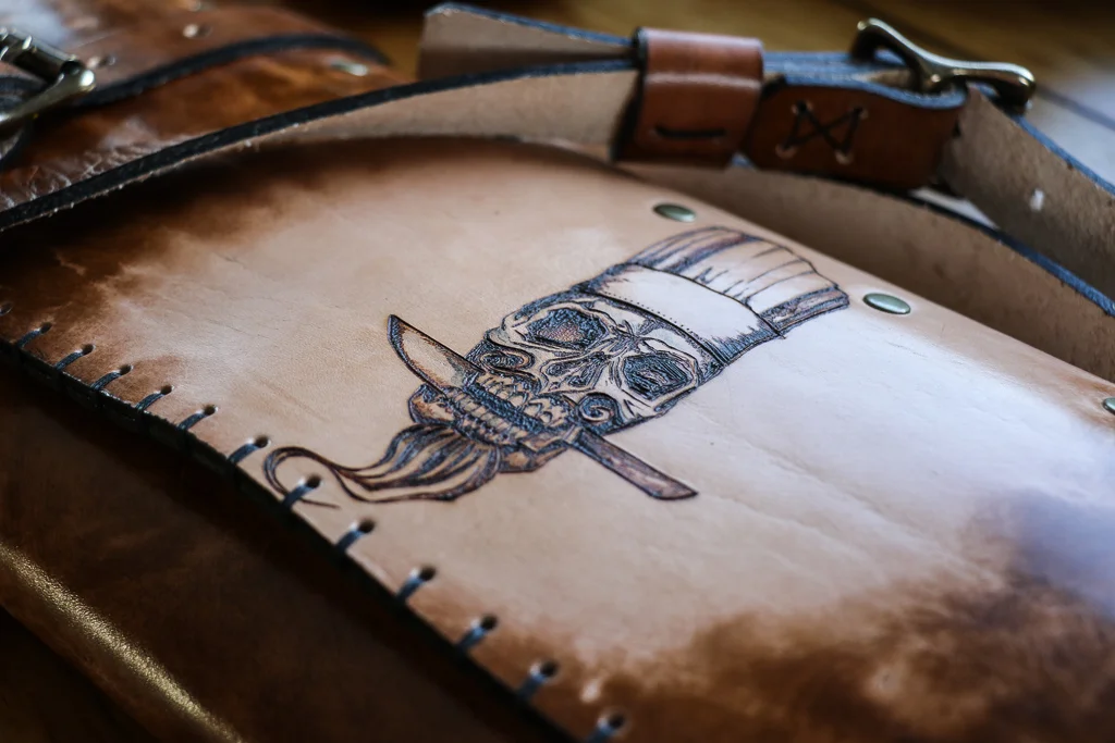 Bearded Skull Leather Knife Roll by Linny Kenney